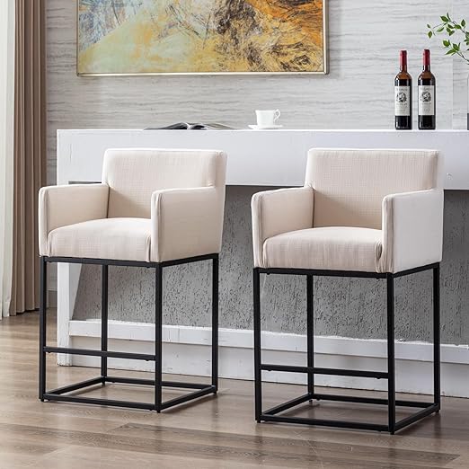 BESTANO 26.75 Counter Height Bar Stools Set of 2 Linen Upholstered Barstools with Arms, Bar Chairs Kitchen Island Stools with Black Metal Frame, Cream