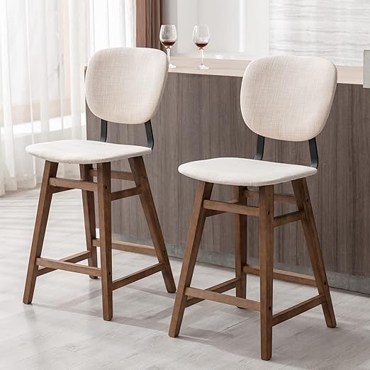 BESTANO Linen Kitchen Counter Height Barstool with Back, 25.5 Modern Counter Height Bar Chairs Stools for Kitchen Island, Set of 2, Cream