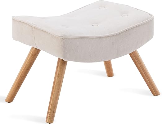 Upholstered Tufted Linen Ottoman Bench Foot Stool with Wood Legs, 20.5 L x 14.6 W x 15 H, Beige