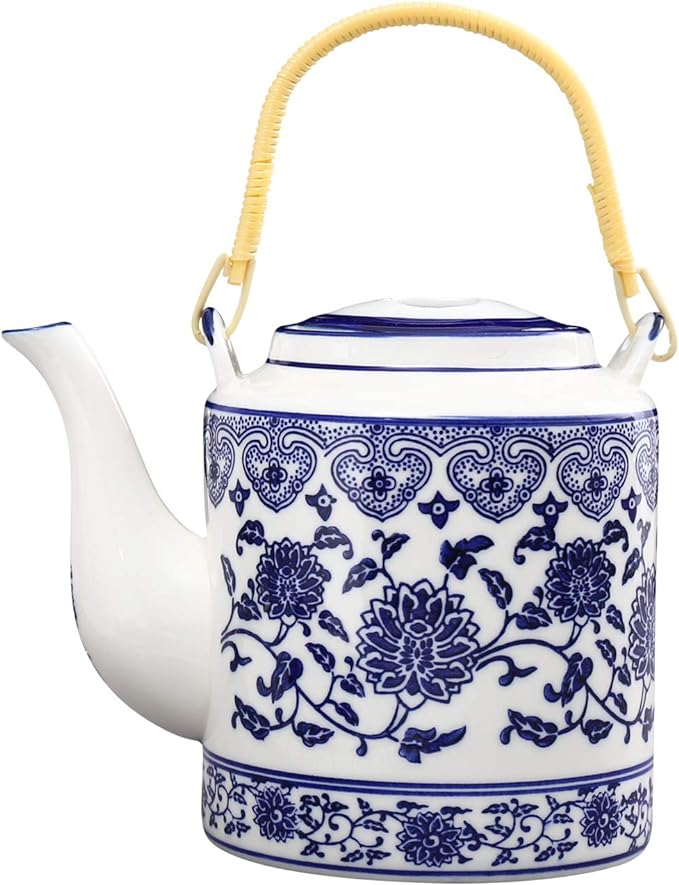 I was looking for a teapot to help me drink more tea/water and less sugary sodas. I wanted something classic, but not outdated, and this teapot popped up in my search. My goodness, was it beautiful! The appearance sold me, and I fell in love when it arrived in the mail. It was packed remarkably well and was very easy to rinse for the first use. It' very high quality, with foil edging on the flowers that catch the eye every time the lighting shifts. The teapot itself is very sturdy and, if filled more than halfway with water, can become a little heavy. Something this high quality is a bargain for the $26 I paid! My only wish is that there was a place to buy matching teacups. I bought some plain white ones from another vendor, but would have loved something with the same pretty blue flowers as this teapot.