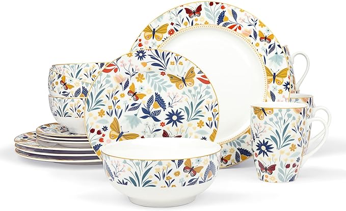 fanquare 16 Piece Vintage Porcelain Dinnerware Set for 4, Floral Plates and Bowls Set, Kitchen Plates Set with Mugs, Butterfly Gold