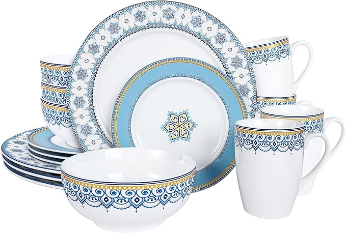 fanquare 16 Piece Porcelain Kitchen Dinnerware with Mug, Service for 4, Cloud Grain Painted Bowls, Plates, Bright Blue Dinner Set