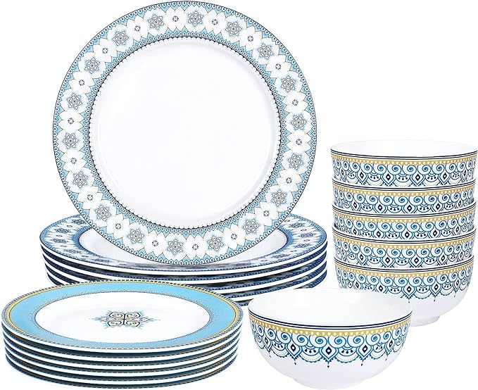 fanquare 18 Piece Porcelain Dinnerware Service for 6, Cloud Grain Painted Bowls, Dishes, Bright Blue Dinner Set