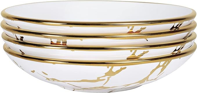 fanquare Porcelain Pasta Bowls Set of 4, Gold Marble Serving Bowl 16oz, Ramen Bowl for Soup, Salad, Dessert, 7 Inch