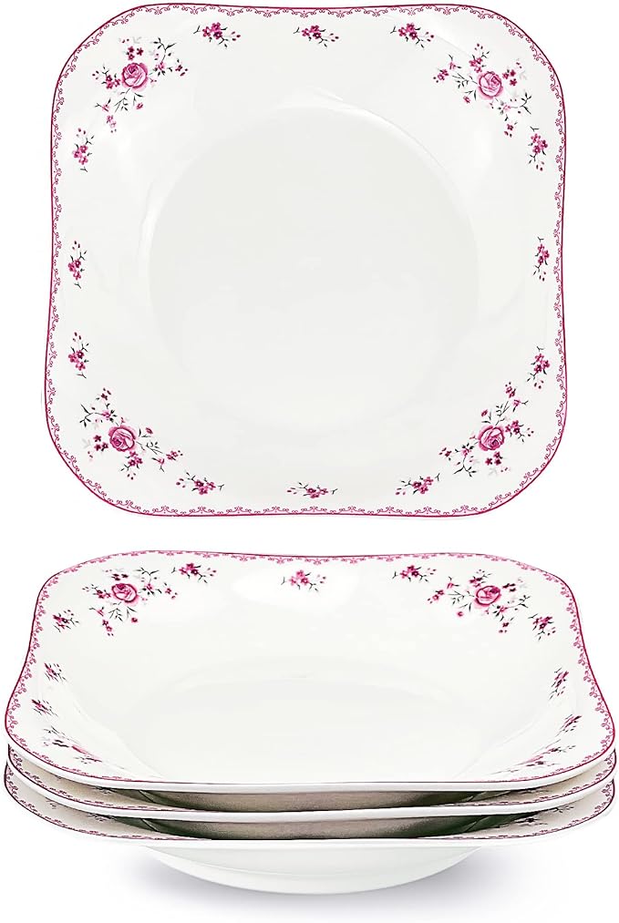 fanquare 7 Inch Porcelain Salad Plates Set of 4, Square Soup Bowls Set for Pasta, Ramen, Dessert, Pink Roses