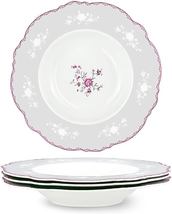 fanquare 9 Inch Porcelain Soup Bowls Set of 4, Large Lace Plates Set for Salad, Pasta, Ramen, Dessert