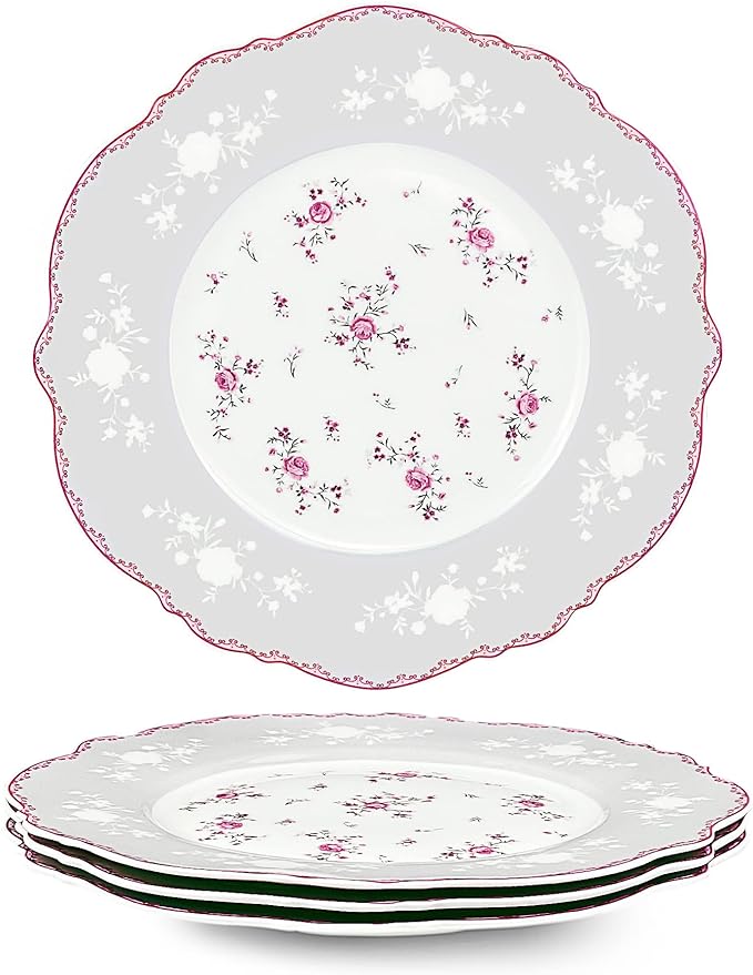 fanquare 8 Inch Porcelain Dessert Plates Set of 4, Lace Serving Bowls Set for Salad, Soup, Pasta, Snack, Pink Roses