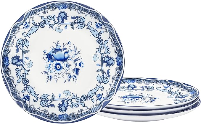 fanquare 8 Bone China Dessert Plates Set of 4, European Blue Floral Salad Plates Set for Pasta, Soup, Porcelain Serving Plates