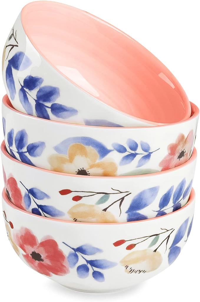 fanquare 12oz Japanese Porcelain Soup Bowls Set of 4, Pink Cereal Bowl, 5 Small Kitchen Serving Bowl for Ramen, Salad, Microwave Safe Bowl