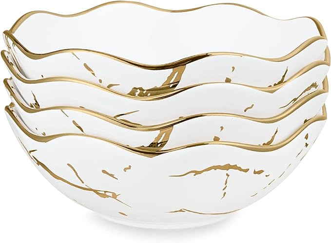 fanquare 16oz Gold Marble Pasta Bowls Set of 4, Porcelain Salad Bowls, 7 Kitchen Serving Bowls, Modern Cereal Bowls