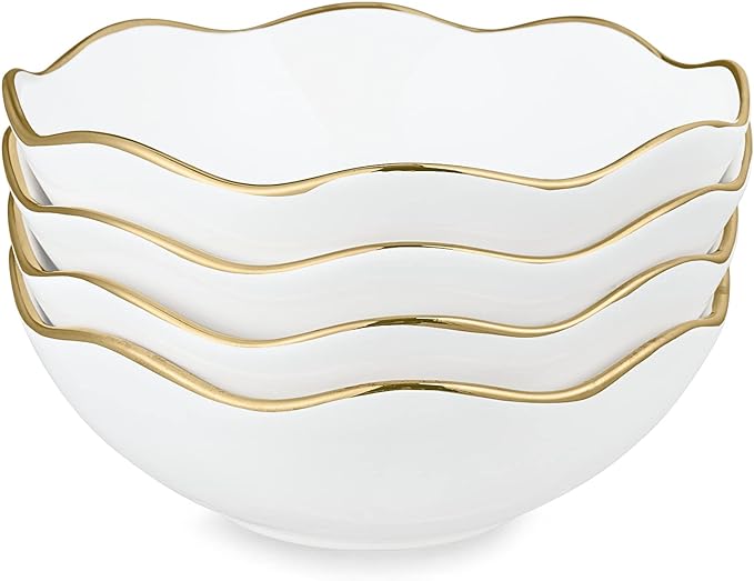 fanquare 16oz Vintage White Pasta Bowls Set of 4, Porcelain Salad Bowls, 7 Kitchen Serving Bowls, Cereal Bowls with Gold Trim