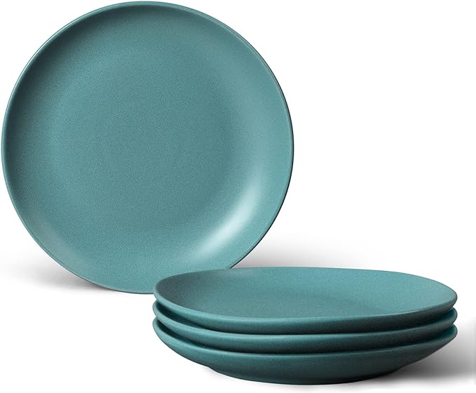 fanquare 8 Green Matte Dessert Plates Set of 4, Large Porcelain Pasta Plates, Modern Ceramic Dishes Set, Salad Plate