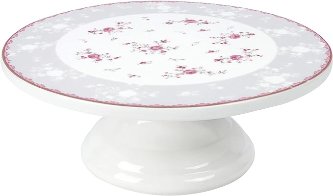 fanquare 10 Inch Floral Porcelain Cake Stand, Pink Rose Dessert Plate, Vintage Tea Cake Stand