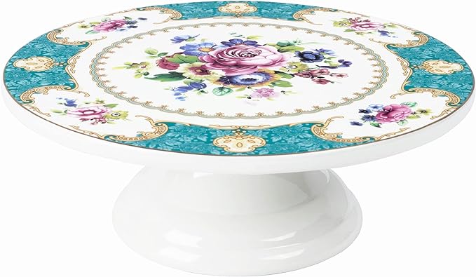 fanquare 10 Inch Floral Porcelain Cake Stand, Vintage Dessert Plate with Gold Trim, Blue Tea Cake Stand