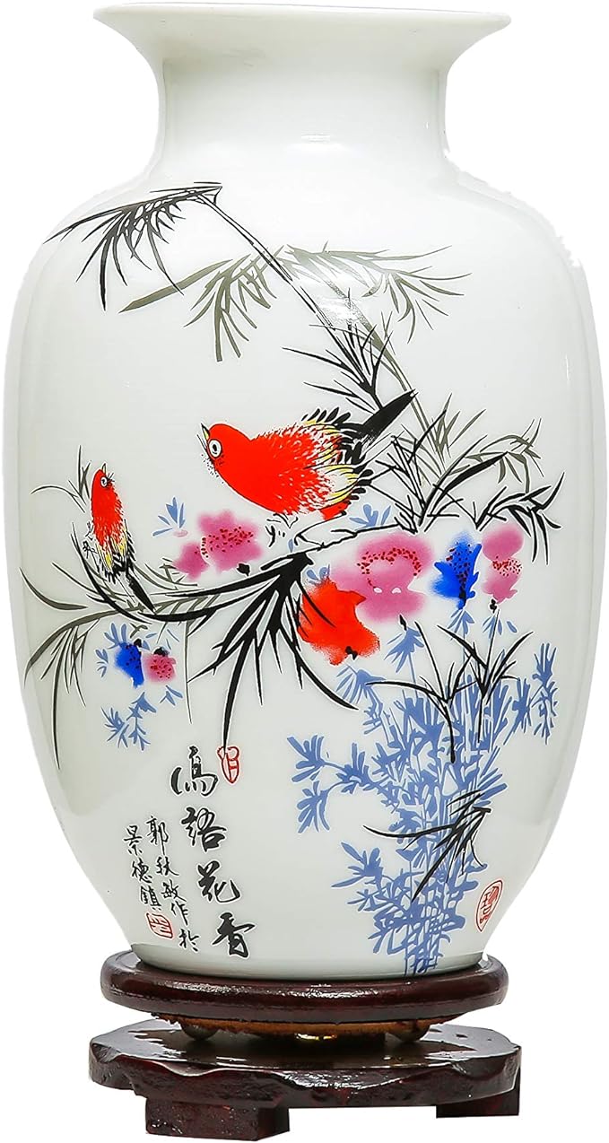 Chinese Bird and Flower Vase,Jing Dezhen Small White Ceramic Vase, Art Decorative Vase for Household,Office,Wedding,Party