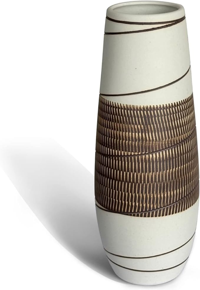 fanquare 11 Large Handmade Ceramic Flower Vase, Modern Minimalist Brown Vase, Decorative Striped Vase for Home, Office