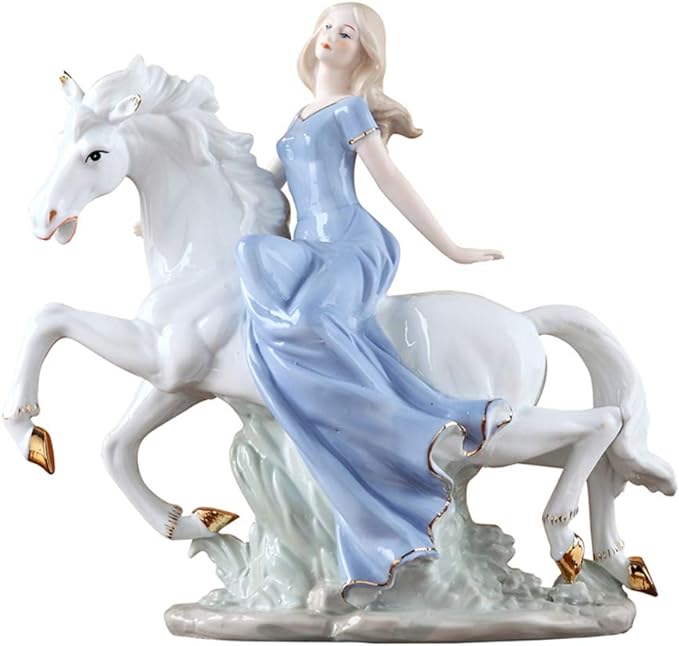 ufengke European Western Elegant Woman Riding A White Horse Figurine Ornaments Art Deco Lady Decoration Gift for Girls