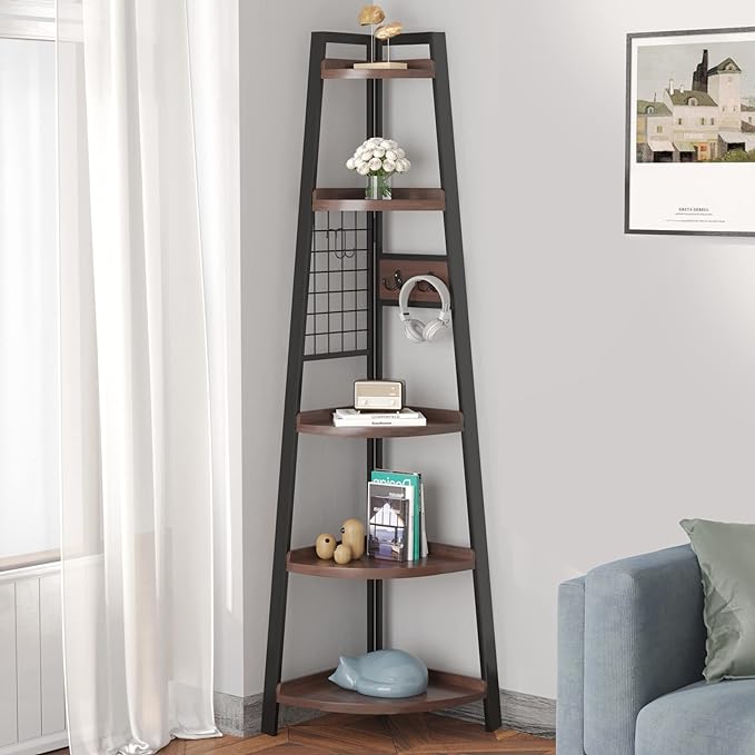 I purchased two corner shelves and I love them! They are tall and look so good in the corner of my living room and family room. The quality is great. They are very sturdy and it was easy to assemble. I did it all by myself and I am not handy at all. I use the shelves for decoration with family pictures, candles, and other little trinkets. The shelves are waterproof which help with overflow of plant water preventing stains and the legs are adjustable. The middle shelf contains hooks so I can hang