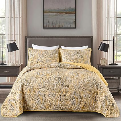DJY Yellow Paisley Quilt Set King Size Boho Quilt Bedspread Set 3 Pieces, Soft Lightweight Paisley Floral Pattern Coverlet Bedding Set for All Season, 104'x90'