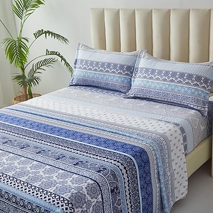 Boho Sheet Set Queen Size Blue Bohemian Striped 4 Piece Bed Sheets 14' Deep Pocket Indian Tribal Mandala Floral Retro Bedding Sheets(1 Flat Sheet, 1 Fitted Sheet, 2 Pillowcases)