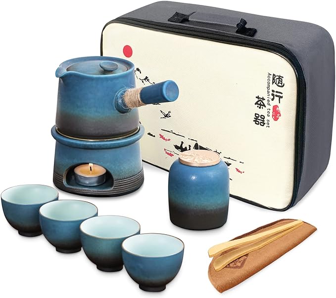 fanquare Asian Tea Set Traditional, Kiln Glazed Kungfu Tea Set Travel, Blue Chinese Teapot Set with 4 Ceramic Cups, Tea Canister, Warmer