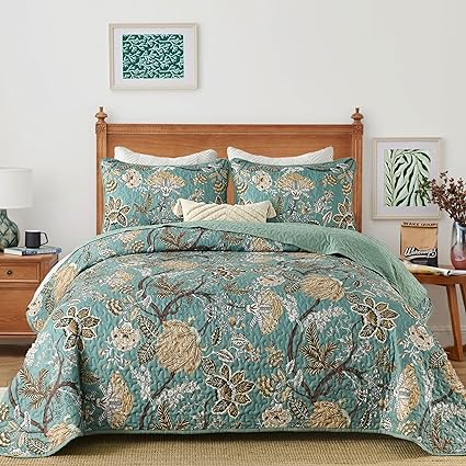 DJY Floral Quilt Set Queen Size, Green Botanical Bedspread Coverlet Set Soft Lightweight Microfiber Vintage Flower Bedding Set 3 Pieces for All Season (96x90)