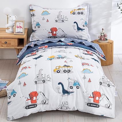DJY 4 Pieces Cotton Toddler Bedding Set, Dinosaur Cars Reversible Toddler Bed Comforter Set for Kids Boys Girls, Includes Quilted Comforter, Flat Sheet, Fitted Sheet and Pillowcase