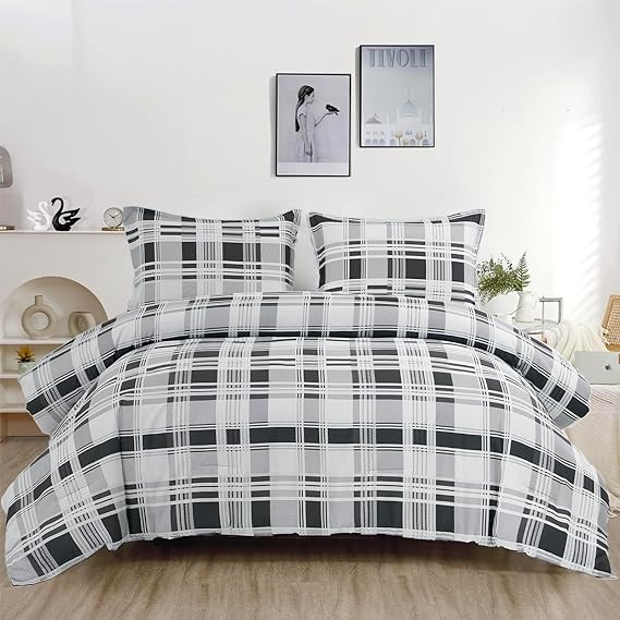 DJY Black Plaid Comforter Set Queen Size Black and White Buffalo Checker Bedding Comforter Set Soft Microfiber Reversible 3 Piece Gingham Comforter Set for All Season (90x90)