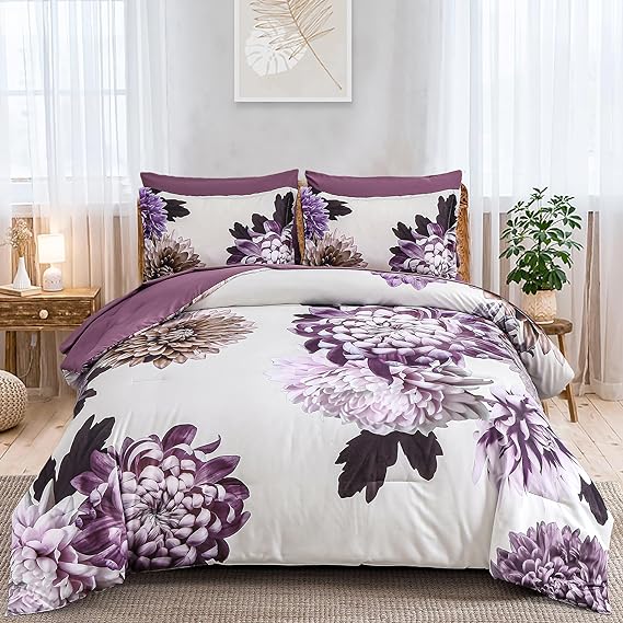 DJY Purple Comforter Set Queen, 7 Piece Floral Comforter Set with Sheets Elegant Flower Print Bed in a Bag Soft Microfiber Complete Bedding Set for All Season