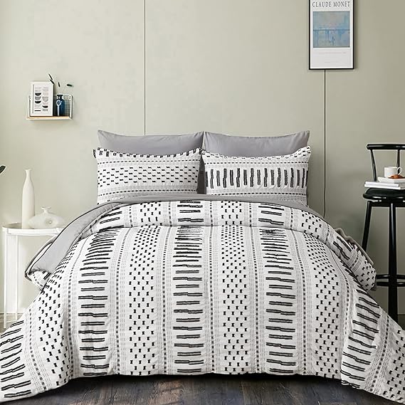 Boho Comforter Set Queen Size Bed in a Bag 7 Piece Black and White Tufted Shabby Chic Bedding Embroidered Striped Design, Soft Lightweight Bedding for All Season 90'x90'