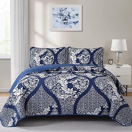 Navy Quilt Set King Size, Boho Damask Bedspread Coverlet Set Soft Lightweight Luxury Classical Bedding Set 3 Pieces for All Season (104x90)