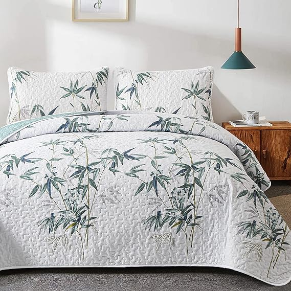 Botanical Quilt Set Queen Size, Green Bamboo Leaves Reversible Bedspread Coverlet Set Soft Lightweight Microfiber Bedding Set 3 Pieces (1Quilt and 2Pillowcases) for All Season