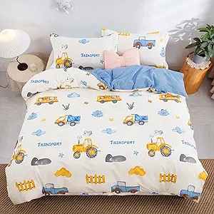 Cartoon Cars Duvet Cover Set Twin, Soft 100% Cotton Truck Tractor Print Bedding Comforter Cover, 2 Piece Reversible Blue Plaid Bedding Set for Boys Kids Toddler (1 Duvet Cover+1 Pillowcase)