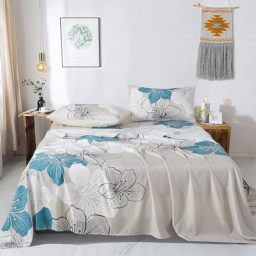 Blue Floral Sheet Set Queen Blue Lily Pattern Bed Sheets Set 4 Pieces Elegant Floral Flat Sheet with Fitted Sheet, 2 Pillow Shams Soft 14' Deep Pockets Boho Floral Sheet Set for All Season
