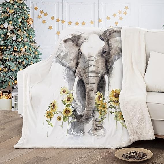 Elephant Blanket Sherpa Fleece Throw Blanket, Sunflower Elephant Gifts for Women Adults, Super Soft Elephant Blankets for Women, Warm Cozy Plush Bed Throws Blanket for Couch Sofa 50 x60