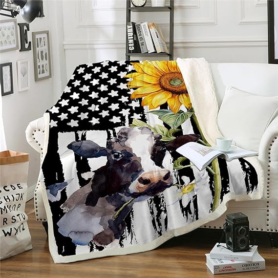 Cow Print Blanket Cow Sherpa Throw Blanket Sunflower Cow Gifts for Women Girls Adults Cow Lovers, Cow Decor Warm Cozy Plush Fleece Blanket for Bed Sofa Couch 50x60
