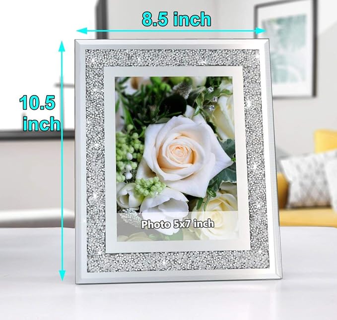 ALLARTONLY Crush Diamond Mirror Photo Frame In Bling Sparkle Crystal Silver Glass Finish, For Picture Size 5x7 inch, Pack of 2 Piece, table top Stand frame & Wall Frame