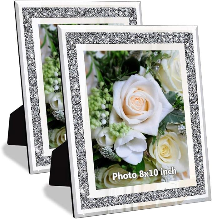 Crushed Diamond Wedding Mirror Photo Frame, Crystal Silver Glass Picture Frame For Photograph Size 8x10 inch, Pack of 2 Pieces, table top Stand frame & Wall Frame. Bling Sparkle Crushed Diamond Home Decor.