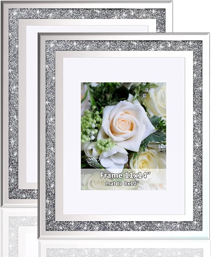 Crushed Diamond Wedding Mirror Photo Frame, Crystal Silver Glass Picture Frame For Photograph Size 11x14 inch With Mat for 8x10 inch, Pack of 2 Pieces Wall Frame. Bling Sparkle Diamond Home Decor.
