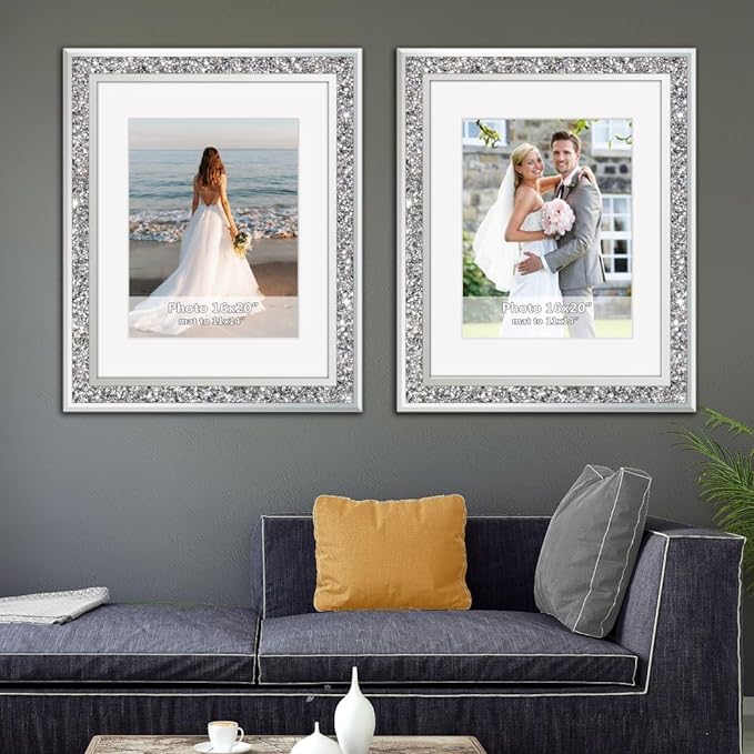 ALLARTONLY Big Mirror Photo Frame 16x20inch Mat To 11x14inch Crushed Diamond Bling Sparkle Home Decor, 2 Pack Crystal Silver Glass Wedding Picture Poster Wall Frame.