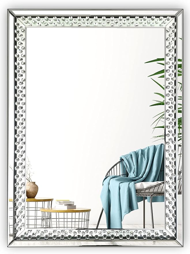 ALLARTONLY Rectangle Silver Wall Mirror for Wall Decoration Crystal Clear Floating Diamond Dcor 26x36x1 inch Wall Hang Frameless Mirror Glass Diamond Art.