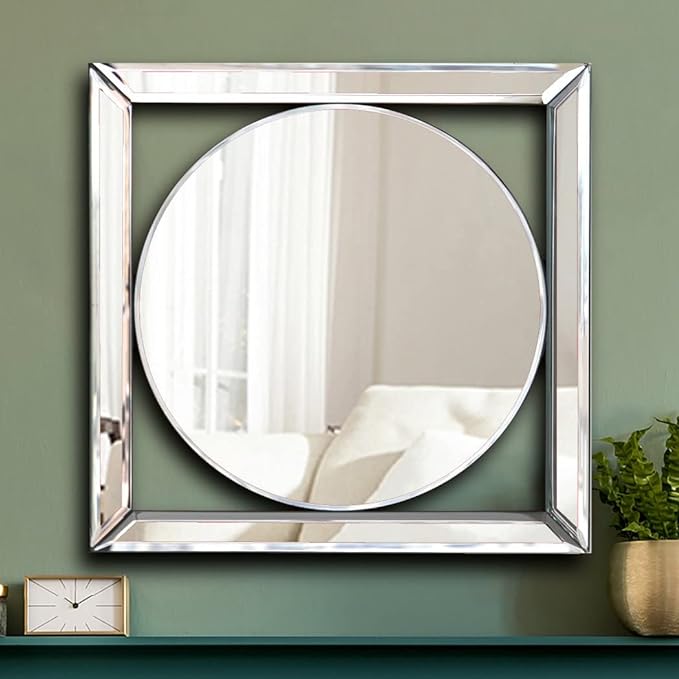 ALLARTONLY Square Mirrored Wall Decor Decorative Mirror Wall-Mounted Accent Mirrors 12x12 Art Mirror Elegant Bevel in Exquisite Craft. Middle Round Shape