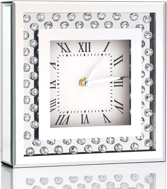 Silent Desk Clocks 8x8x2 Inch Crystal Sparkle Twinkle Bling Square Mirrored Table Top Decorative Clock With Diamond for Home Decoration Silver Mirror Home Decor. AA Battery is not included.