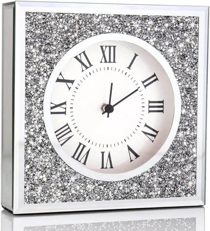 ALLARTONLY Desk Clock Wall Clock 8x8x2Inch Crushed Diamond Mirrored Clock Table Top Decorative Clock for Home Decoration. AA Battery not Included