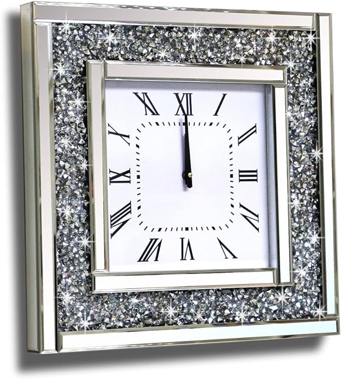 Crush Diamond Mirrored Square Decorative Mirror Wall Clock for Home Decoration Crystal Sparkle Twinkle Bling Wall Dcor. Size 19.7x19.7, AA Battery not Included.