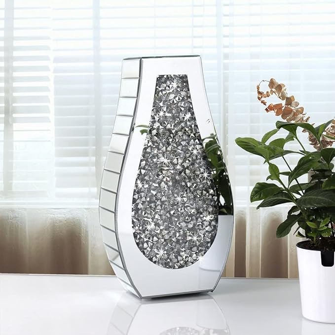 ALLARTONLY Flower Vase Crushed Diamond Mirrored Vase Crystal Silver Glass Decorative Mirror Vase Large Size Luxury for Home Decor. Arc-Shaped Thickened. Cant Hold Water.