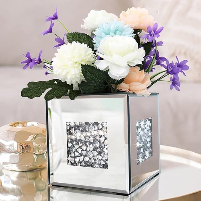 Crushed Diamond Mirrored Vase 6x6x6 inch Crystal Silver Glass Stunning Decorative Vase Flower Luxury for Home Decor. Cant Hold Water.