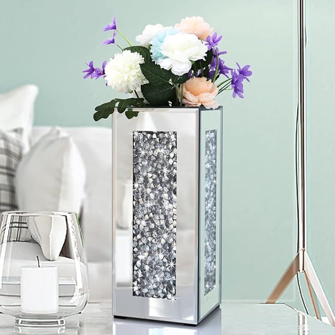 Crushed Diamond Mirrored Vase 6x6x14 inch Crystal Silver Glass Stunning Decorative Vase Flower Luxury for Home Decor. Cant Hold Water.