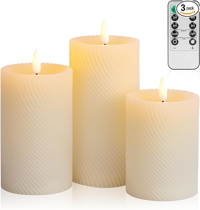 COVEGE Flickering Flameless Candles with Remote, Real Wax Battery Operated Candles with Timer, Ivory LED Pillar Candles for Wedding/Christmas/Home Decor,Set of 3(Threaded Style)