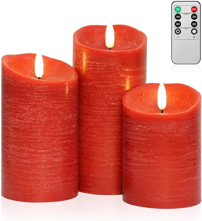 COVEGE Battery Operated Candles with Remote Control, Flickering Flameless Candles Set of 3, Real Wax Electric Candles with Timer for Christmas Home Decoration, Red